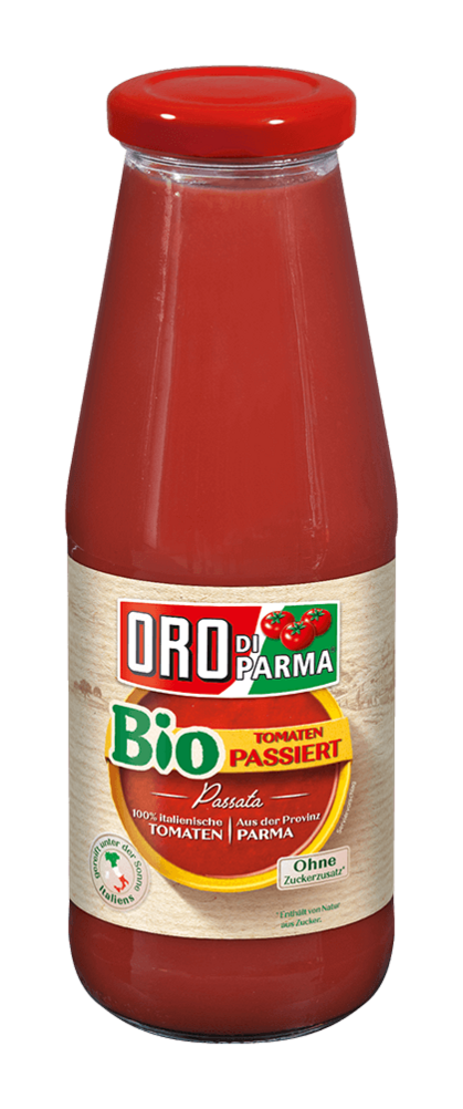 BIO passierte Tomaten in der Glasflasche von ORO di Parma